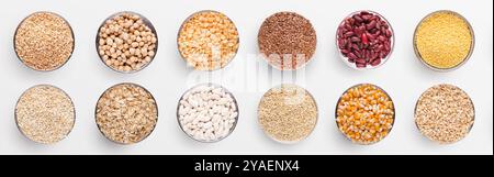 Collection of various grains in bowls isolated on white Stock Photo