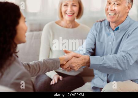 Happy senior couple giving female doctor handshake Stock Photo