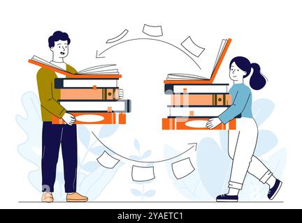 People with bookcrossing. Man and woman exchange books. Love for reading and literature. Students with stack of textbooks. Education, training and Stock Vector