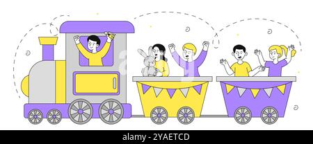 Boy train driver. Kids at toy train. Leisure and fun. Children at playground. Teenagers in amusement park. Friends having fun together. Linear vector Stock Vector