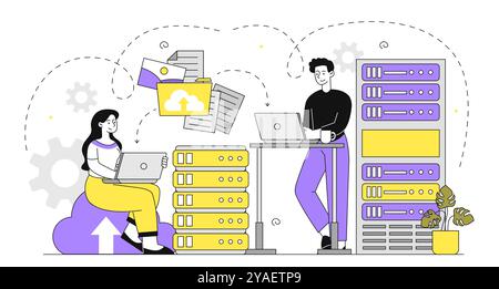 People with big data. Man and woman with server and data storage. Archive and electronic storage. Team of analysts with information. Linear vector Stock Vector