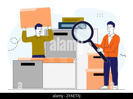 People with file search. Men with magnifying glass in storage and archive with folders with files. Organization of work process. Clerks and managers Stock Vector