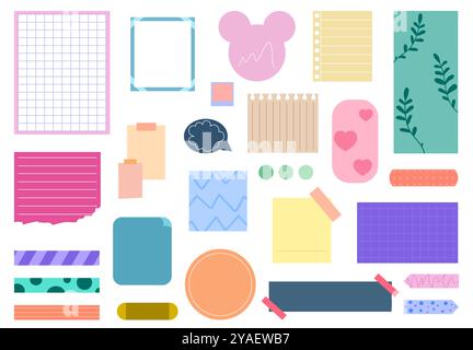 Paper notes set. To do lists and memo. Planner and sheet, organizer. Adhesive notes. Stationery and notepad. Organizing efficient work process. Flat Stock Vector