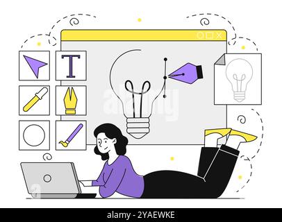 Graphic designer drawing icon. Woman with laptop draws light bulb. Freelancer and remote worker. Digital artist and editor. Linear vector illustration Stock Vector