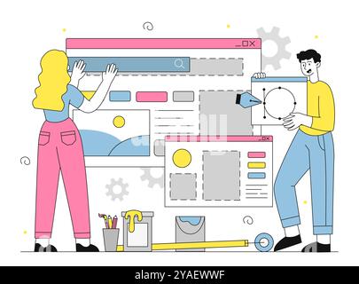People create website. Man and woman developing design elements for website. Freelancers and remote workers working on common project. Linear vector Stock Vector