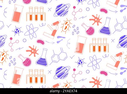 Science seamless pattern. Repeating design element for printing on fabric. Hand drawn flasks with reagents, chemical formulas and atom structure Stock Vector