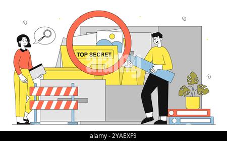 Top secret files. Woman and man with magnifying glass near folder with documents. Secret agents with espionage. Data protection. Linear vector Stock Vector