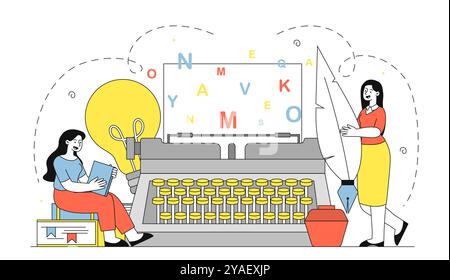 Team of typewriters. Women near huge typewriter. Copywriters and editors. Freelancers and remote workers. People with poem desk. Linear vector Stock Vector