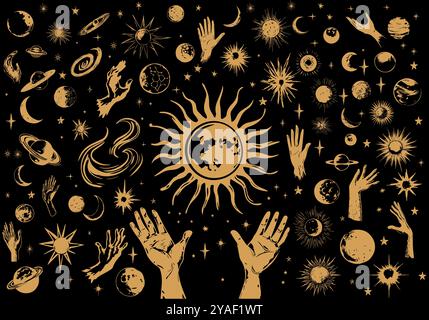 Celestial Illustration hand drawn Set. Sun, moon, stars and space with mystery hands. Collection planets, comets, galaxies, magical hands, and other s Stock Vector