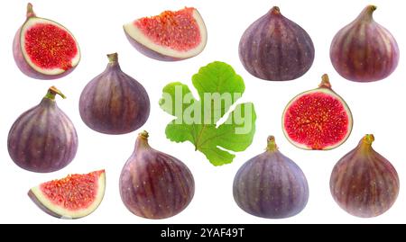 Collection of whole and cut fig fruits isolated on white Stock Photo