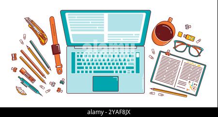 A top-down view of a student s workspace showcasing an e-learning and education theme, featuring a laptop, books, perfect for a university banner or s Stock Vector