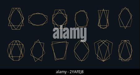 Gold Geometric Wedding Invitation frames. Geometrical polyhedron, art deco style for wedding invitation. Stock Vector