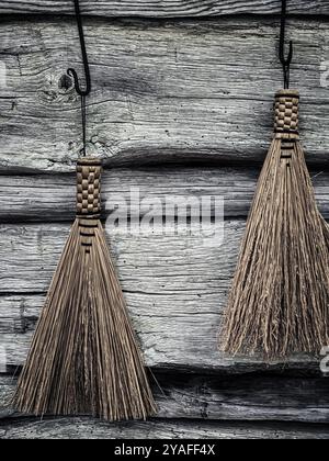 Handcrafted Brooms, Matthews Cabin at Mabry Mill, Blue Ridge Parkway, Virginia, USA Stock Photo