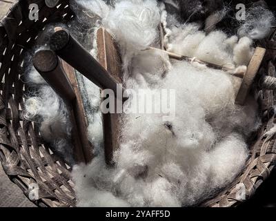 Cotton Carding, Matthews Cabin at Mabry Mill, Blue Ridge Parkway, Virginia, USA Stock Photo