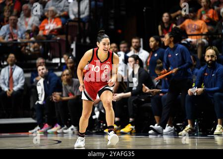 Uncasville, Connecticut, USA. 6th Sep, 2024. Las Vegas Aces guard Kelsey Plum (10) reacts during a WNBA game between the Las Vegas Aces and the Connecticut Sun at Mohegan Sun Arena in Uncasville, Connecticut. Erica Denhoff/CSM/Alamy Live News Stock Photo