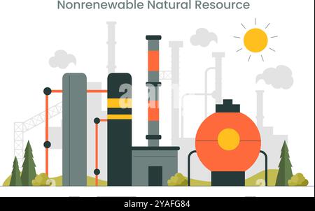 Nonrenewable Natural Energy Resources Vector Illustration Featuring Nuclear, Petroleum, Oil, Natural Gas, and Coal Fuels in a Flat Style Background Stock Vector