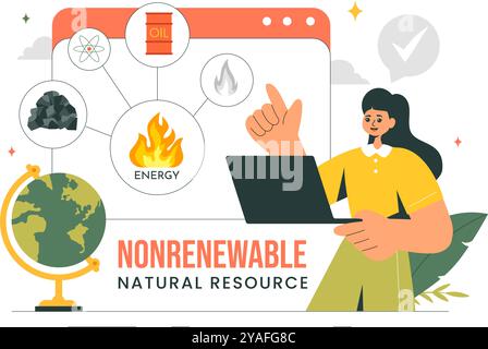 Nonrenewable Natural Energy Resources Vector Illustration Featuring Nuclear, Petroleum, Oil, Natural Gas, and Coal Fuels in a Flat Style Background Stock Vector