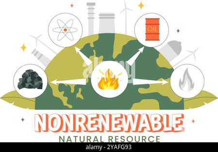 Nonrenewable Natural Energy Resources Vector Illustration Featuring Nuclear, Petroleum, Oil, Natural Gas, and Coal Fuels in a Flat Style Background Stock Vector