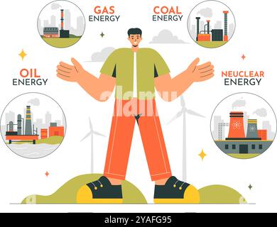 Nonrenewable Natural Energy Resources Vector Illustration Featuring Nuclear, Petroleum, Oil, Natural Gas, and Coal Fuels in a Flat Style Background Stock Vector