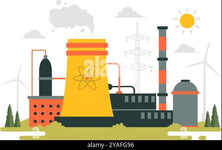 Nonrenewable Natural Energy Resources Vector Illustration Featuring Nuclear, Petroleum, Oil, Natural Gas, and Coal Fuels in a Flat Style Background Stock Vector