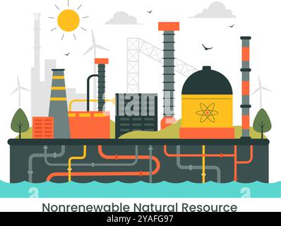 Nonrenewable Natural Energy Resources Vector Illustration Featuring Nuclear, Petroleum, Oil, Natural Gas, and Coal Fuels in a Flat Style Background Stock Vector