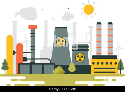 Nonrenewable Natural Energy Resources Vector Illustration Featuring Nuclear, Petroleum, Oil, Natural Gas, and Coal Fuels in a Flat Style Background Stock Vector