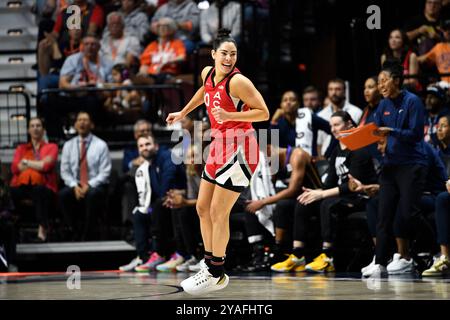 Uncasville, Connecticut, USA. 6th Sep, 2024. Las Vegas Aces guard Kelsey Plum (10) reacts during a WNBA game between the Las Vegas Aces and the Connecticut Sun at Mohegan Sun Arena in Uncasville, Connecticut. Erica Denhoff/CSM/Alamy Live News Stock Photo