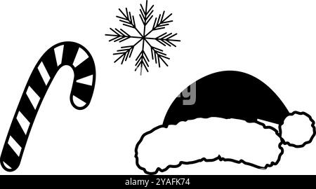 Striped Candy Cane, snowflake and Santa cap Black and White Christmas greeting or New Year elements. Isolated Vector illustration Thematic or greeting, invitation cards, posters, leaflets or web promo Stock Vector