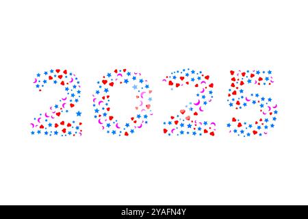 2025 new year text filled with stars moon and hearts symbol pattern vector illustration isolated on white Stock Vector