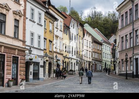 Ljubljana, Slovenia, 04 13 2018: People walking in the Streets of old Ljubljana during spring, Europe Stock Photo