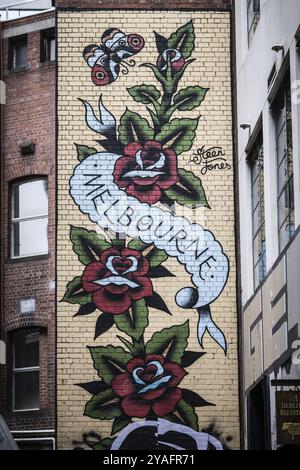 MELBOURNE, AUSTRALIA, MARCH 26, 2023, Architectural details in Melbourne's AC/DC Lane on a cloudy overcast day in Melbourne, Victoria, Australia, Ocea Stock Photo