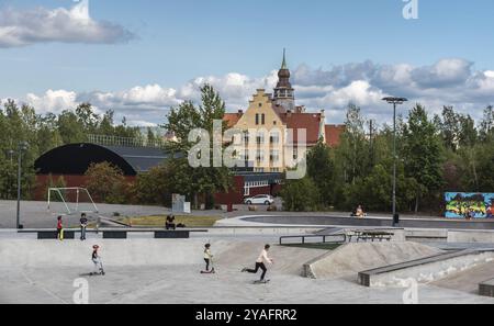 Falun, Dalarna, Sweden, 08 05 2019: Kids playing at a concrete playground, Europe Stock Photo