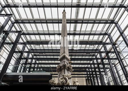 Ljubljana, Slovenia, 04 07 2018: Fountain, column and glass and steel construction at the National Gallery of Slovenia, Europe Stock Photo