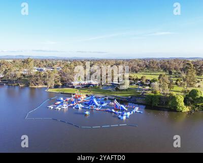 NAGAMBIE, AUSTRALIA, SEPTEMBER 25 2023: Late spring afternoon aerial views of Nagambie township and Lake Nagambie in Goulburn Valley, Victoria, Austra Stock Photo