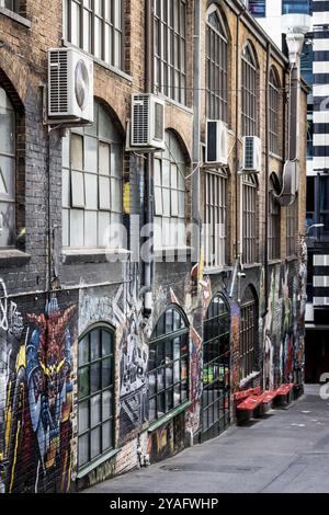 MELBOURNE, AUSTRALIA, MARCH 26, 2023, Architectural details in Melbourne's AC/DC Lane on a cloudy overcast day in Melbourne, Victoria, Australia, Ocea Stock Photo