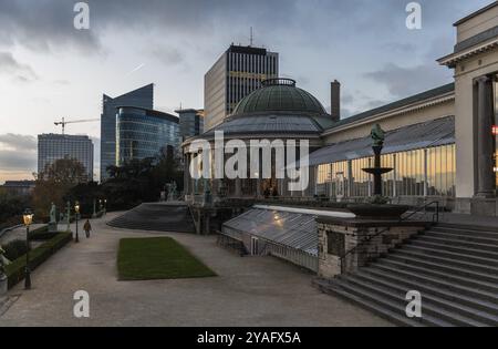 Sint joost-ten-Noode, Brussels, Belgium, 11 26 2017: Colorfull cityscape over Brussels with the Botanical garden in front and office buildings in the Stock Photo