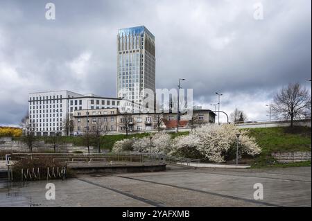 Krakow, Poland, March 25, 2024, Pedestrian zone at the Mogilskie roundabout, overviewing the business district, Europe Stock Photo