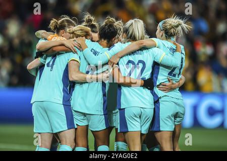 MELBOURNE, AUSTRALIA, JULY 31: Australia players celebrate beating Canada at the FIFA Women's World Cup Australia New Zealand 2023 at Melbourne Rectan Stock Photo