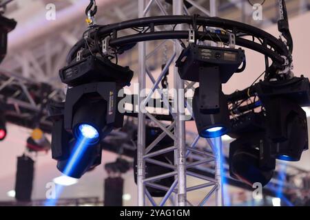 Aluminum circular truss structure and stage lighting fixtures. Selective focus. Stock Photo