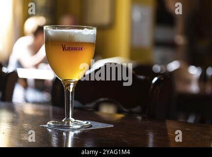 Kessel-Lo, Flemish Brabant Region, Belgium, 08 21 2022, Close up of an amber abbey beer called Vlierbeek at a local pub, Europe Stock Photo