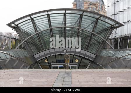 Ixelles, Brussels Capital Region, Belgium, 11 19 2021: Entrance of the Luxemburg railway station at the esplanade of the European Parliament, Europe Stock Photo