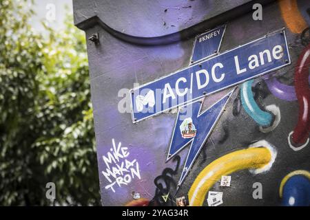 MELBOURNE, AUSTRALIA, MARCH 26, 2023, Architectural details in Melbourne's AC/DC Lane on a cloudy overcast day in Melbourne, Victoria, Australia, Ocea Stock Photo