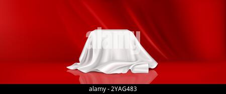 Product podium covered with white cloth in studio room interior with red wall and floor. Realistic 3d vector platform hidden with silk fabric for goods display and presentation. Empty cube stage. Stock Vector
