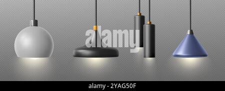 Modern ceiling chandelier hanging on wire for home or office interior design. Realistic 3d vector illustration set of pendant lamp with light turned on. Electric equipment with contemporary lampshade. Stock Vector