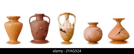 Broken ancient clay vessel. Old traditional greek earthenware. Realistic 3d vector set of antique ceramic pottery. archeology porcelain utensil - jug, pitcher and vases with cracks and holes. Stock Vector