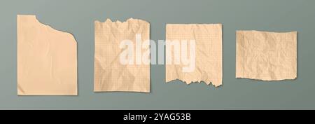 Brown old torn paper sheet. Crumpled poster with crease effect. Vintage rough page for note. Realistic grunge wrinkled material piece cutout from notebook. Abstract school diary checkered document pad Stock Vector