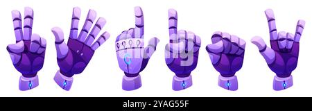 Robot hand gestures set isolated on white background. Vector cartoon illustration of bionic prosthesis with neon button, mechanical fingers making victory, high five, rock signs, fist, pointing up Stock Vector