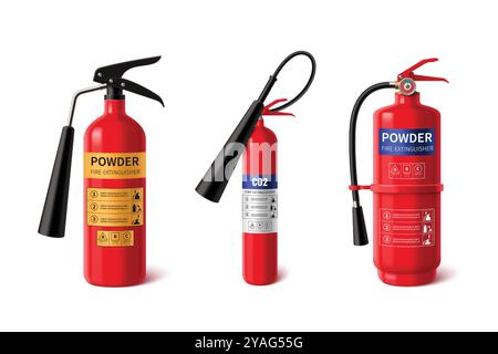 Realistic red fire extinguisher with sprayer and labels for instructions about providing emergency assistance in extinguishing flame. 3d vector set of different firefighter portable equipment mockup. Stock Vector