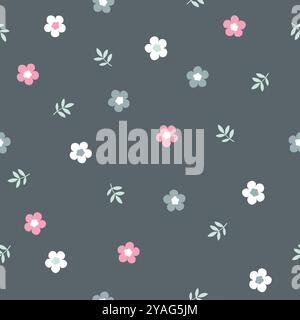 Hand drawn seamless pattern with tiny flowers light colors on gray swamp background. Lovely romantic Fashion Print for background, holiday design, wal Stock Vector