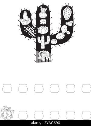 Composition of cacti in doodle style on the background of cactus silhouette. Vector illustration isolated on white background. Stock Vector